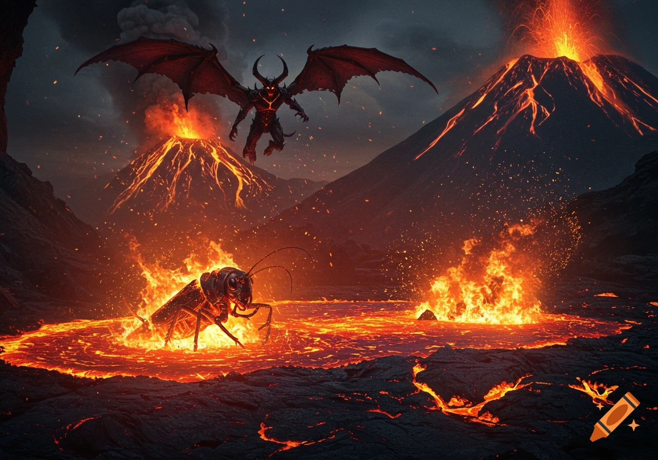 A winged demon flies over a volcanic landscape with erupting volcanoes and a giant cricket submerged in lava.