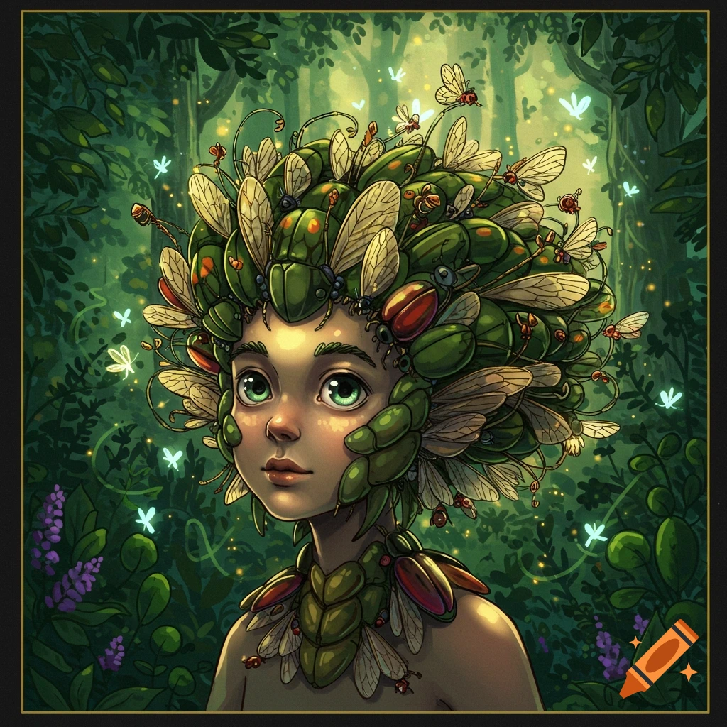 An anime drawing of a child-like figure with intricate green and red insects forming their hair, set in a lush green forest.