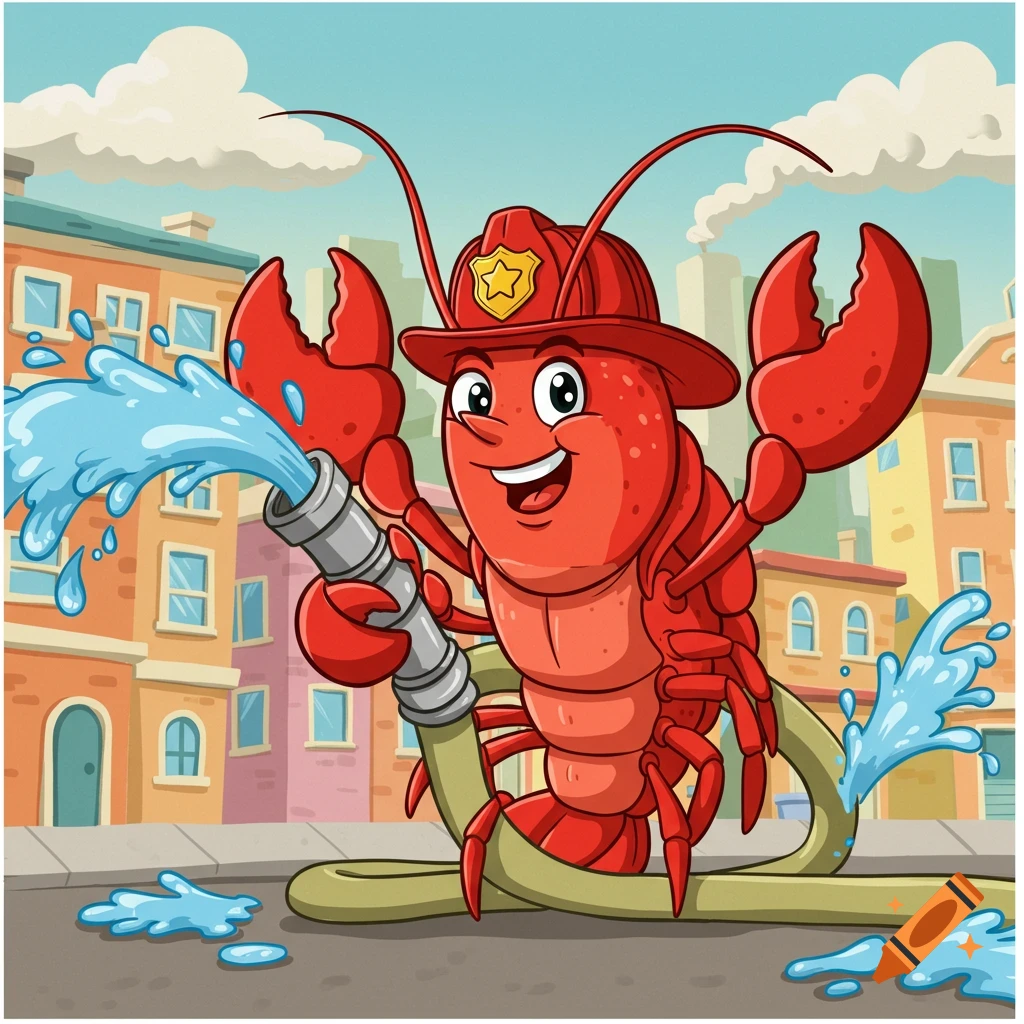 Cartoon lobster dressed as a firefighter, spraying water from a hose in a city street.