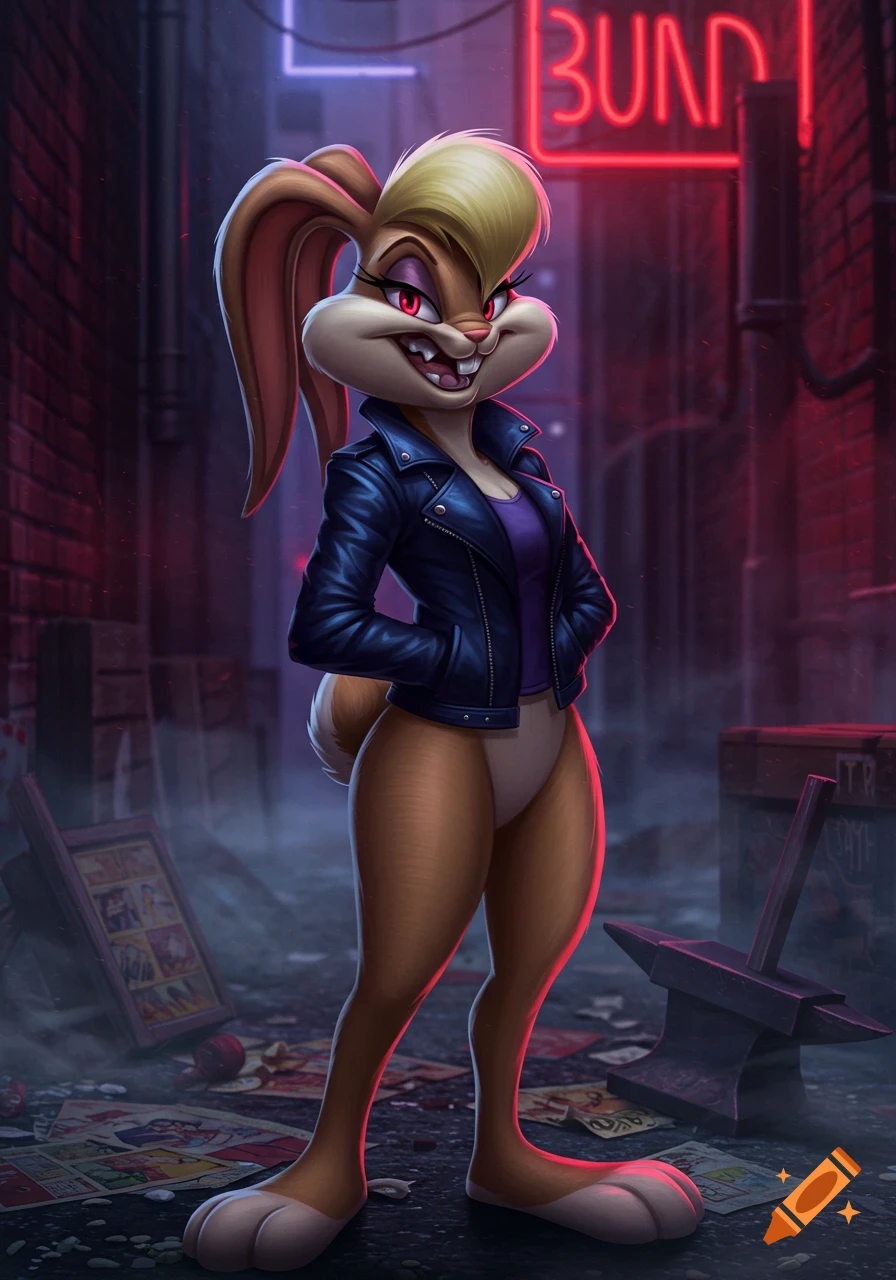 Lola Bunny in a leather jacket and leotard stands in a dark alley with glowing red neon signs in a stylized, sinister art style.