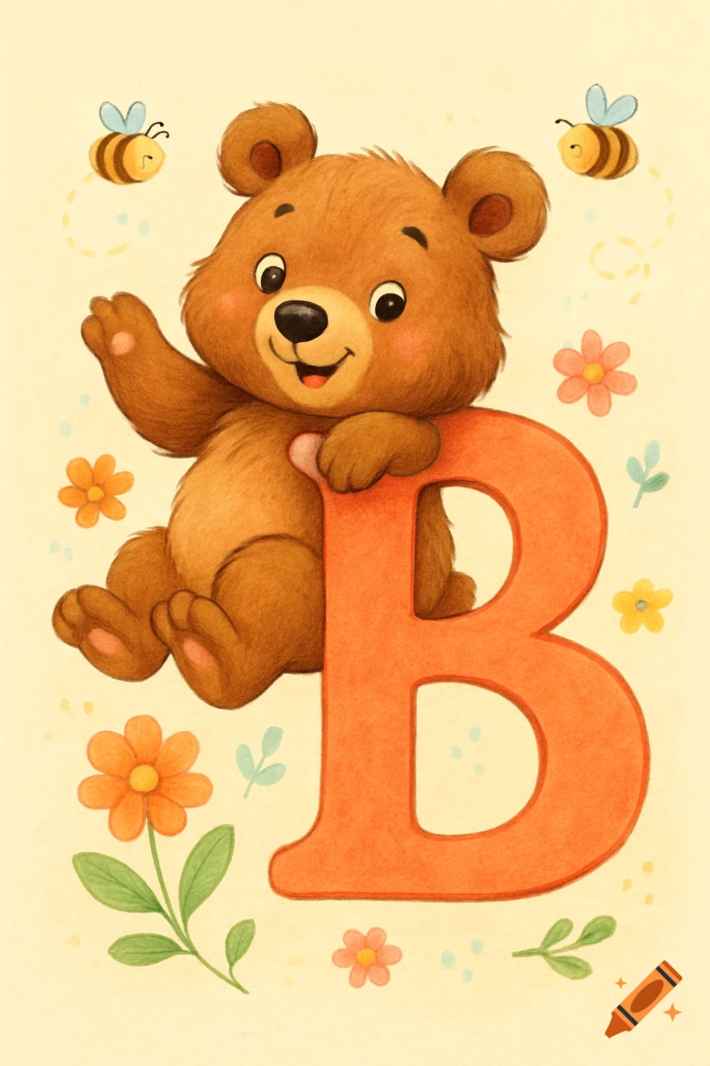 A cute brown cartoon bear sits on a large orange letter B, surrounded by bees and colorful flowers in a children's illustration style.
