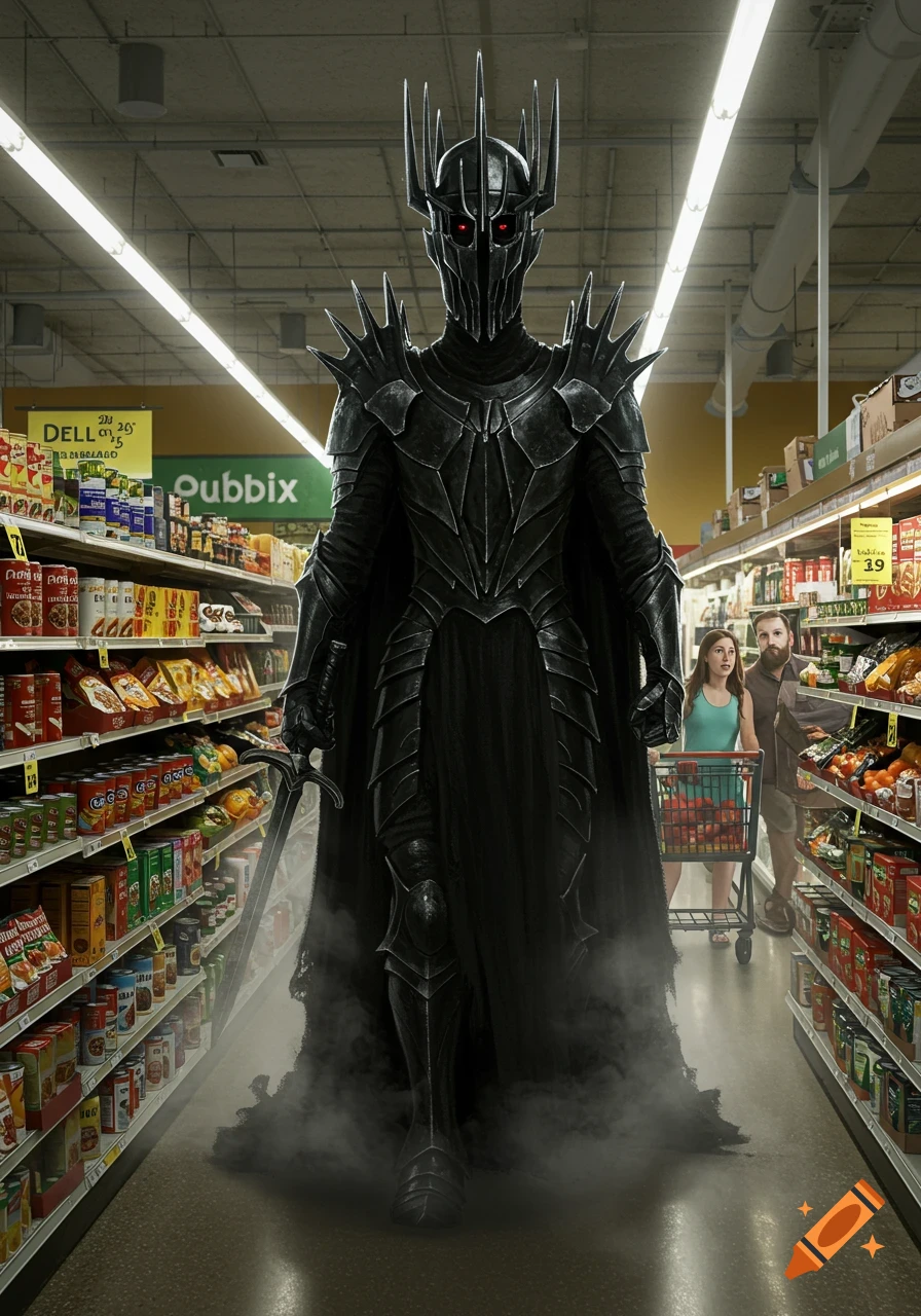 A towering dark lord in spiked black armor with glowing red eyes walks down a supermarket aisle, past surprised shoppers, in a photorealistic style.