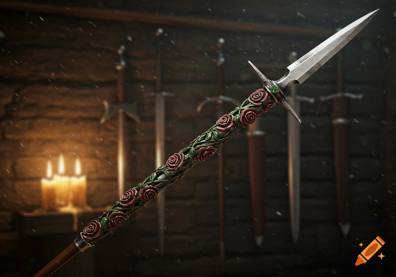 A detailed spear with a silver spearhead and a handle carved with green vines and red roses, set in a dimly lit armory.