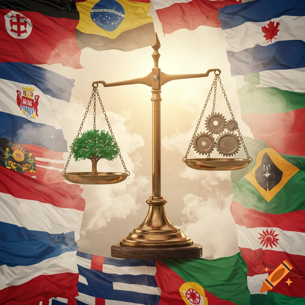 A golden scale balances a green tree and metal gears, surrounded by waving international flags under a bright, cloudy sky.