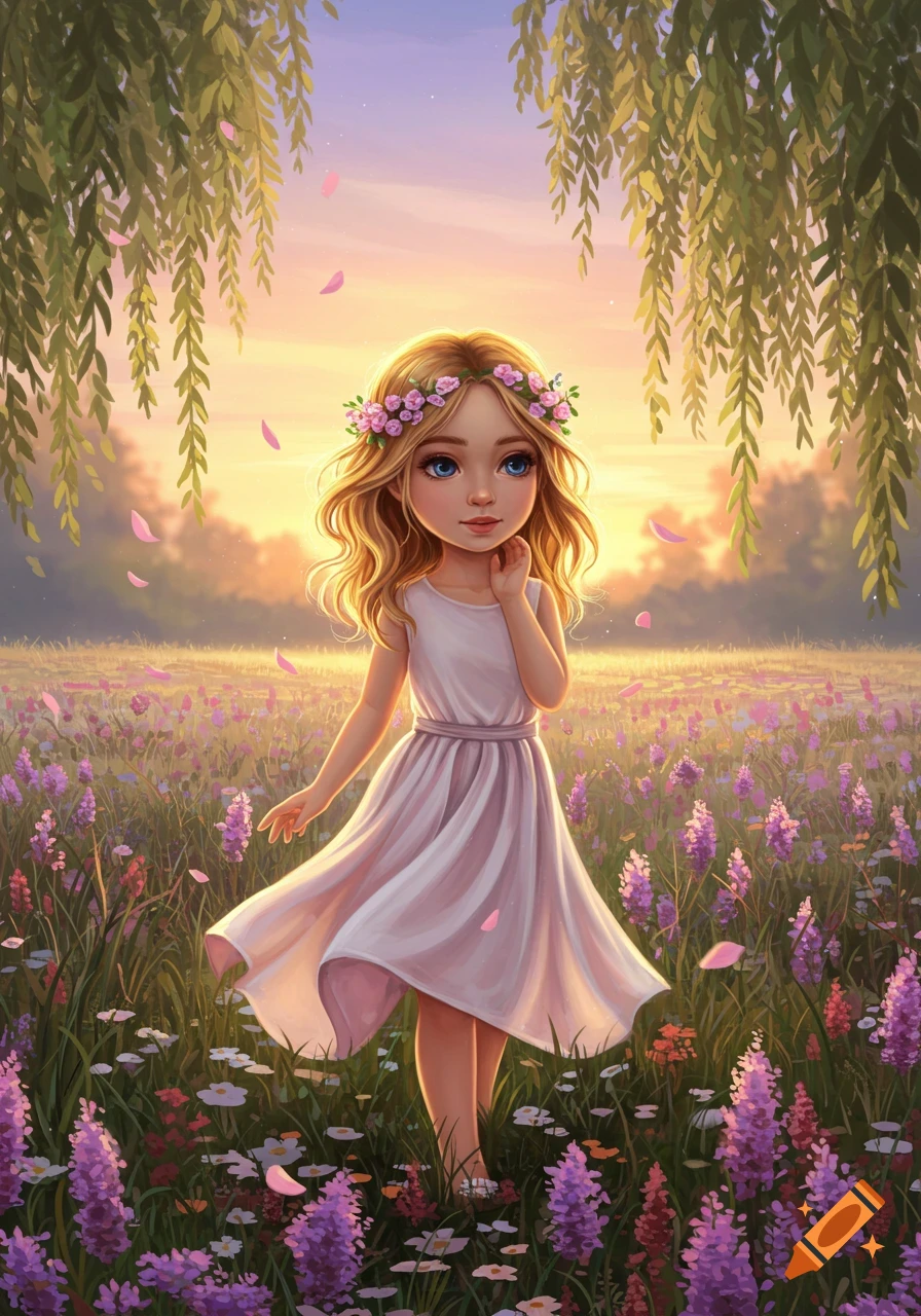 Stylized illustration of a young girl with blonde hair and a flower crown, standing in a field of purple flowers at sunset.