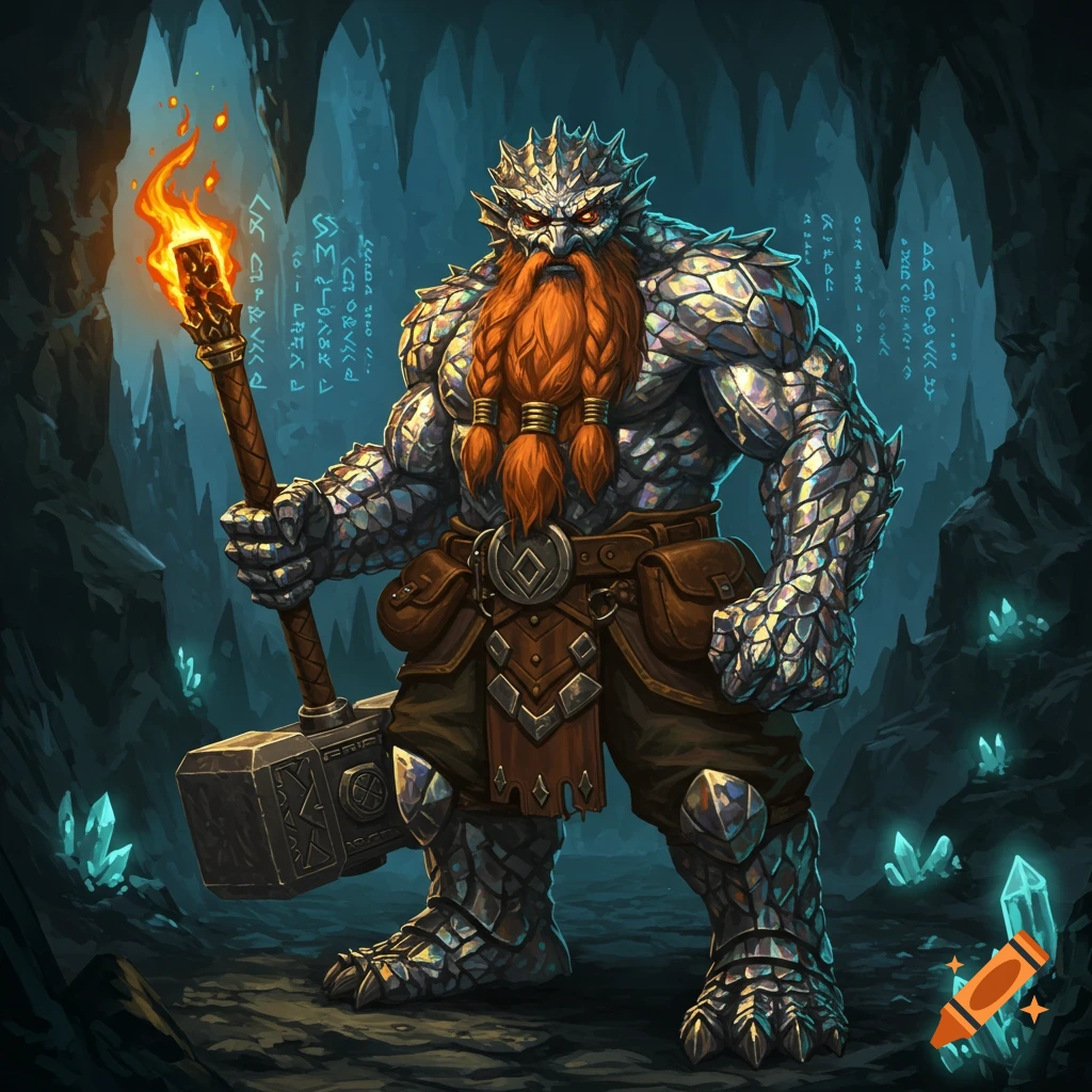 A scaly, muscular dwarf with a red braided beard holds a flaming torch and hammer in a cave with glowing blue crystals.