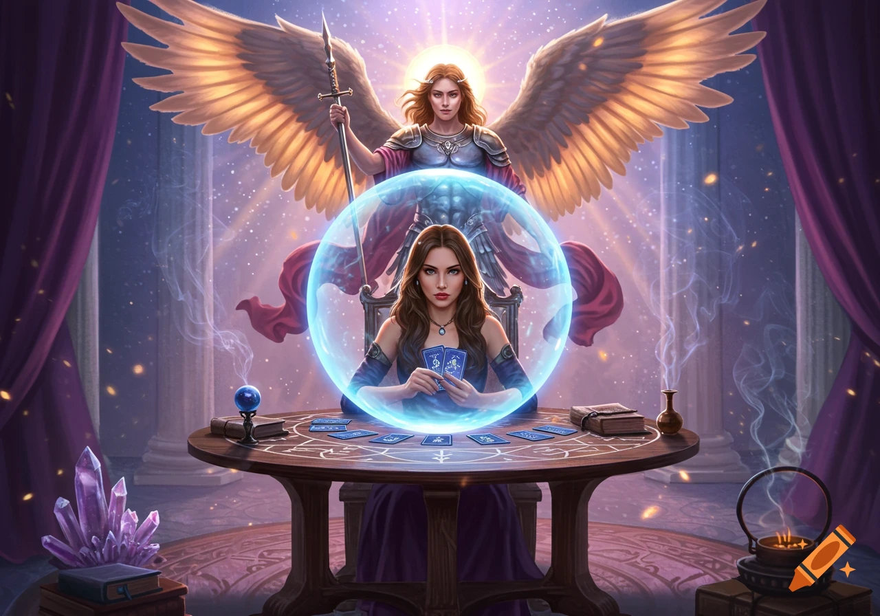 A fortune teller with tarot cards sits under a blue bubble, an archangel with wings and a spear behind her in a mystical, purple-lit room.
