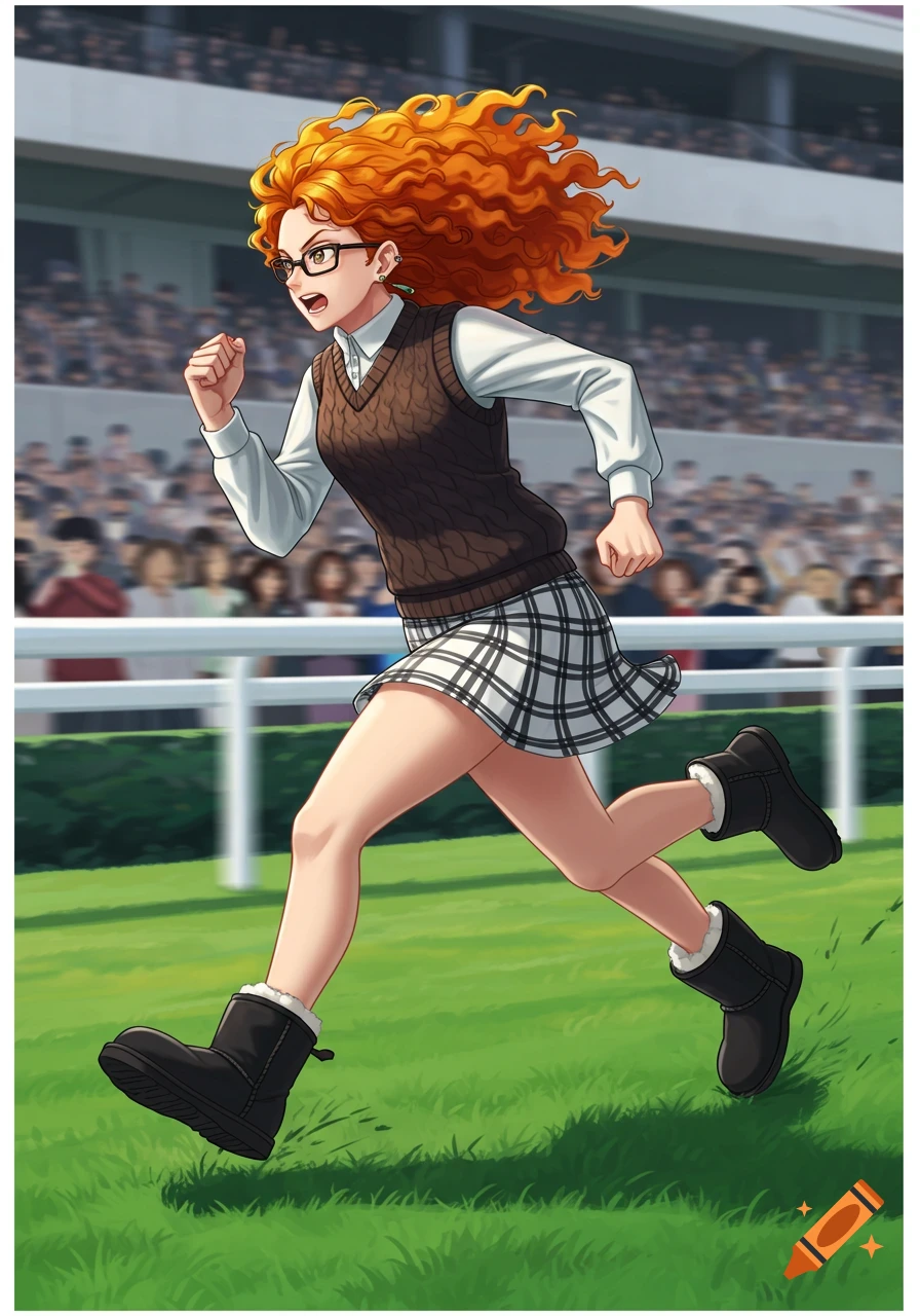An anime girl with curly orange hair, glasses, a brown vest, and plaid skirt sprints in black Ugg boots on a race track.
