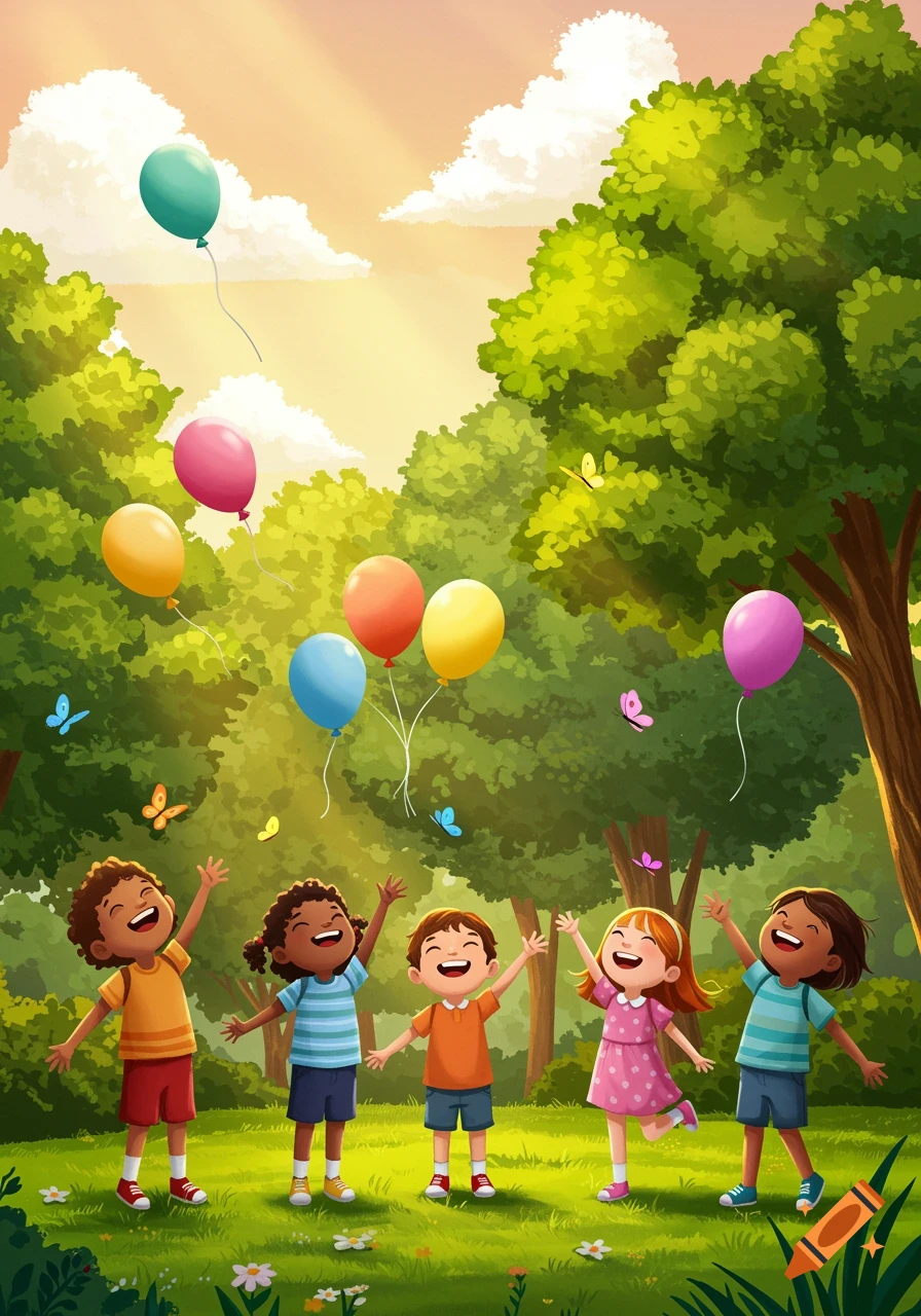 Five joyful children reach for colorful balloons and butterflies in a sunny, green park, in an illustration style.
