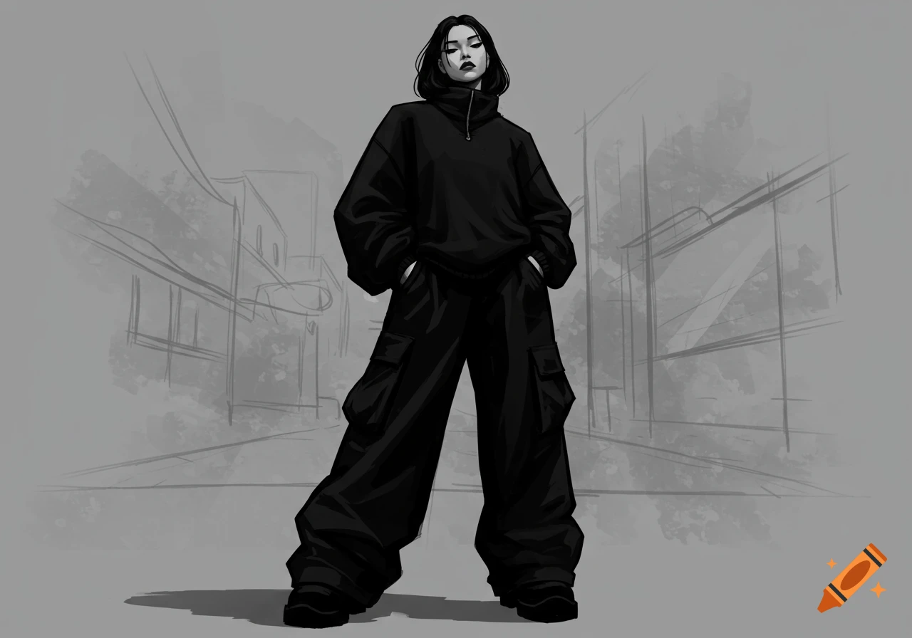 Black and white illustration of a girl wearing a baggy hoodie and cargo pants, standing in an urban sketch background.