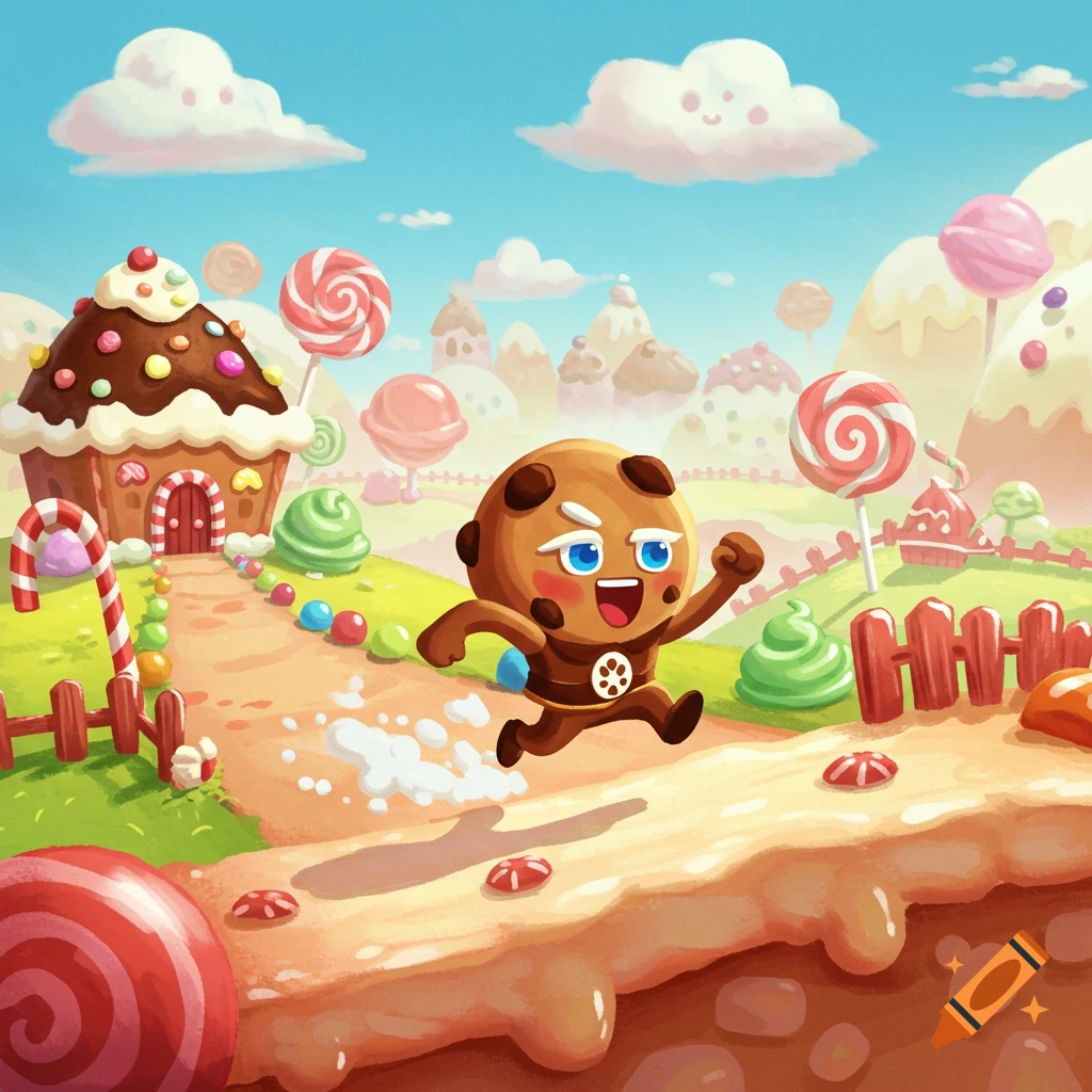 A cheerful cookie character runs through a vibrant, colorful candy land with a gingerbread house and lollipops, in a cartoon game art style.