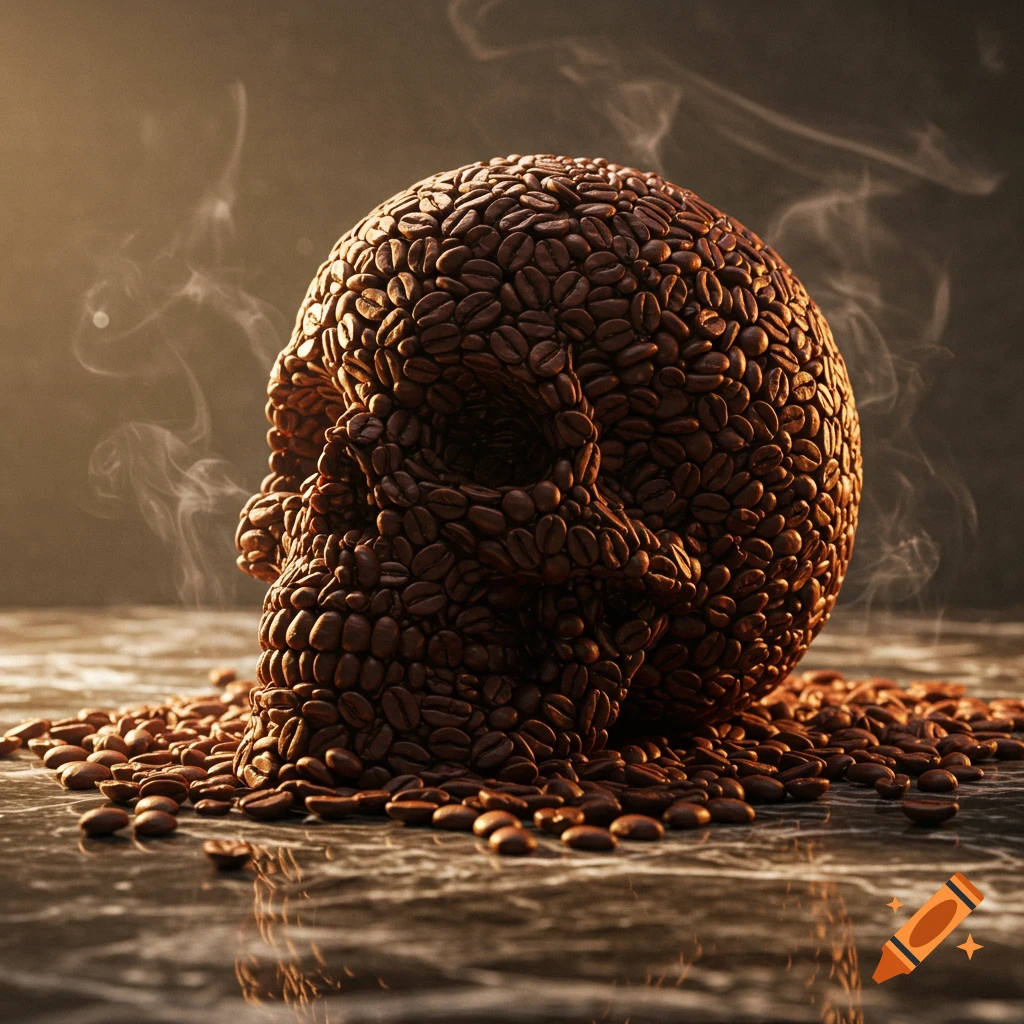 Photorealistic skull made of coffee beans on a dark, reflective surface with wisps of smoke.