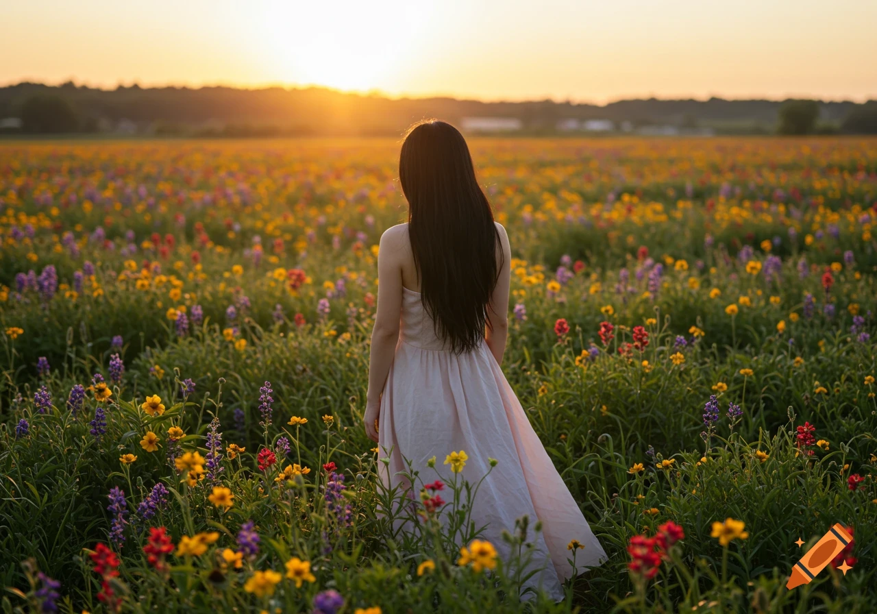 A woman with long dark hair stands with her back to the camera in a vibrant field of wildflowers at sunset, photorealistic.