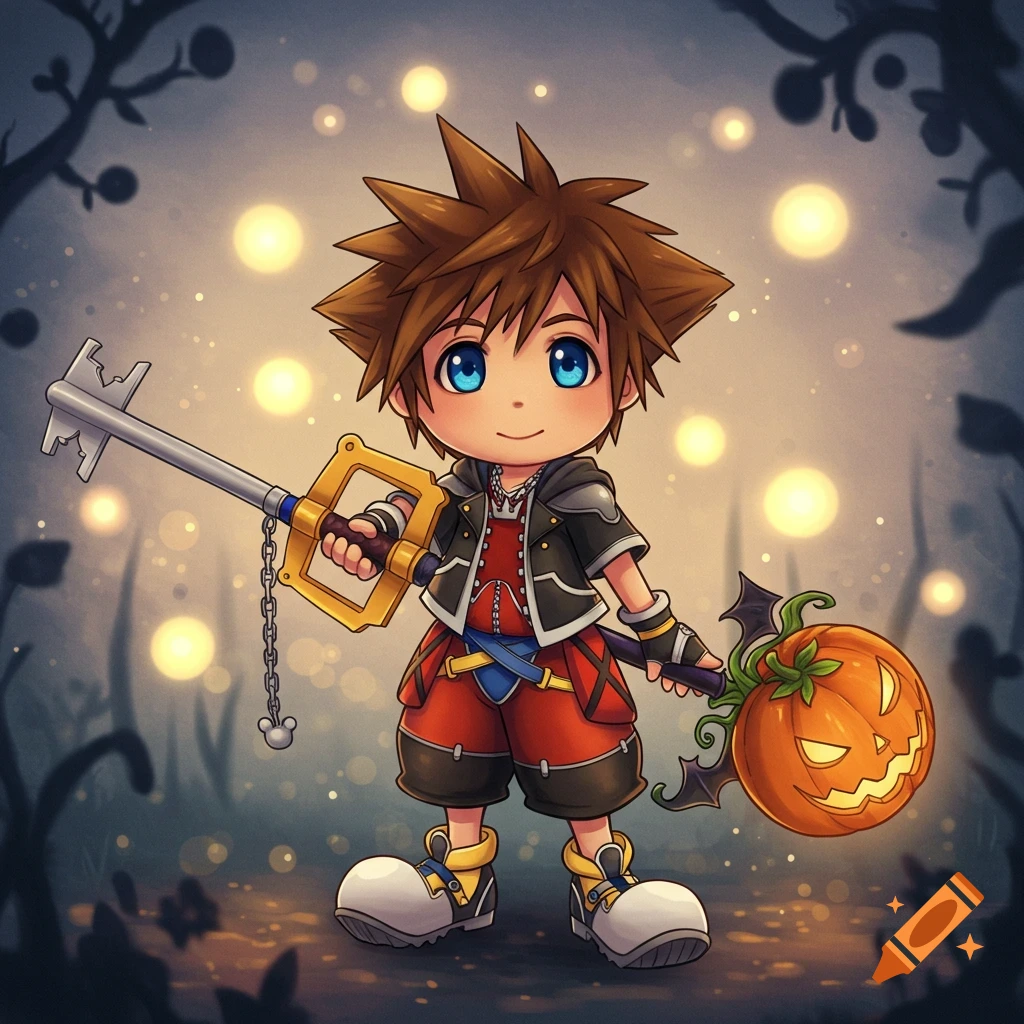 Chibi Sora from Kingdom Hearts holds a Keyblade and a Halloween pumpkin staff against a magical, dark background.