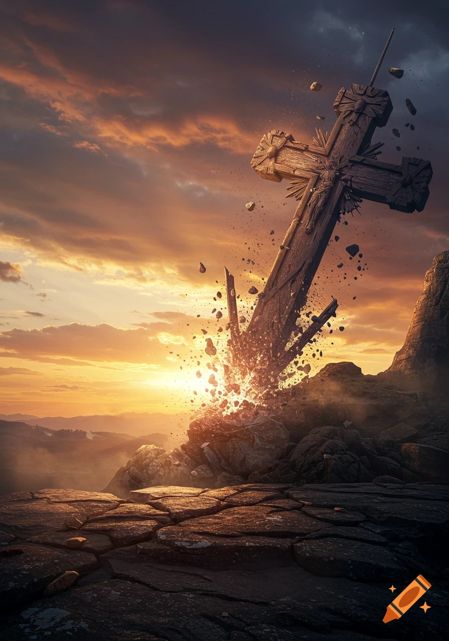 A massive, broken wooden cross tumbles down a rocky cliff, scattering debris, under a dramatic sunset. Photorealistic.