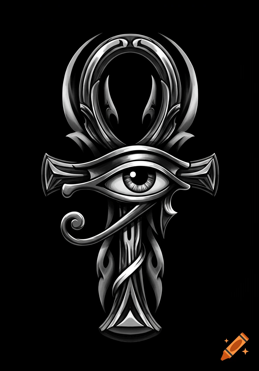 Stylized black and white Ankh with an Eye of Horus intricately intertwined, resembling a tattoo design.