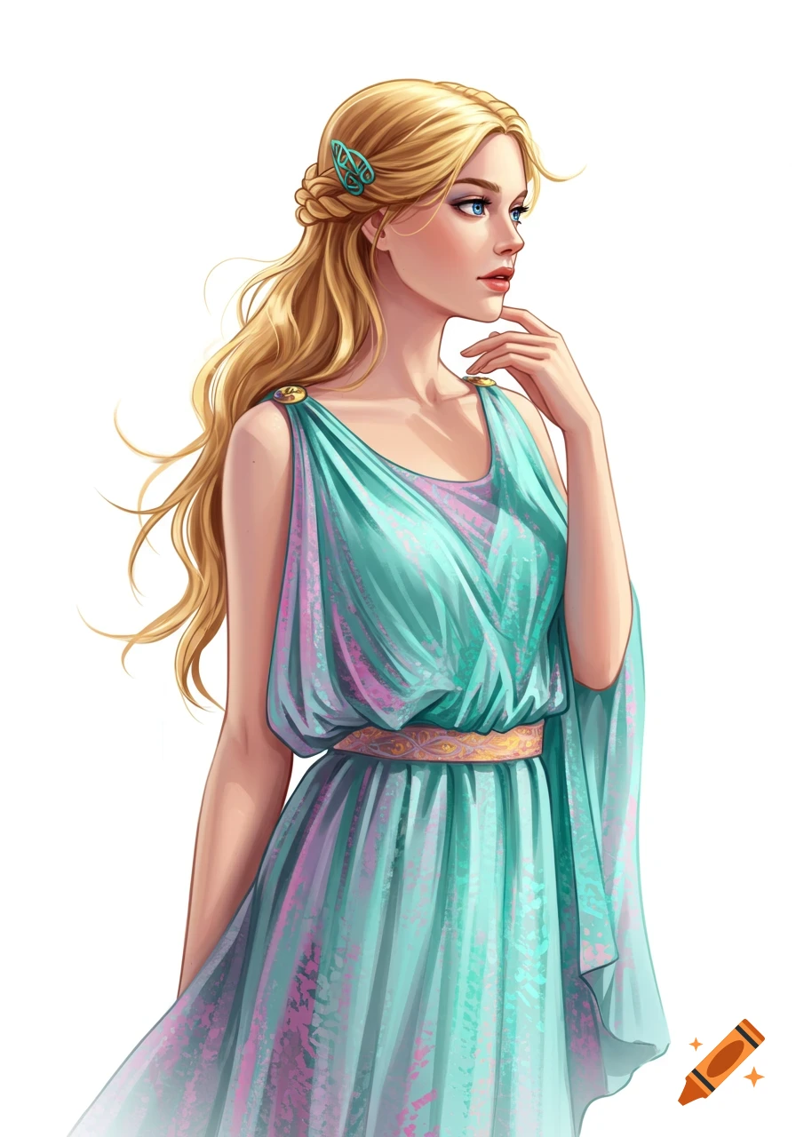 A digital painting of a blonde woman in a flowing turquoise, pink, and purple Roman goddess gown, gazing to the right.