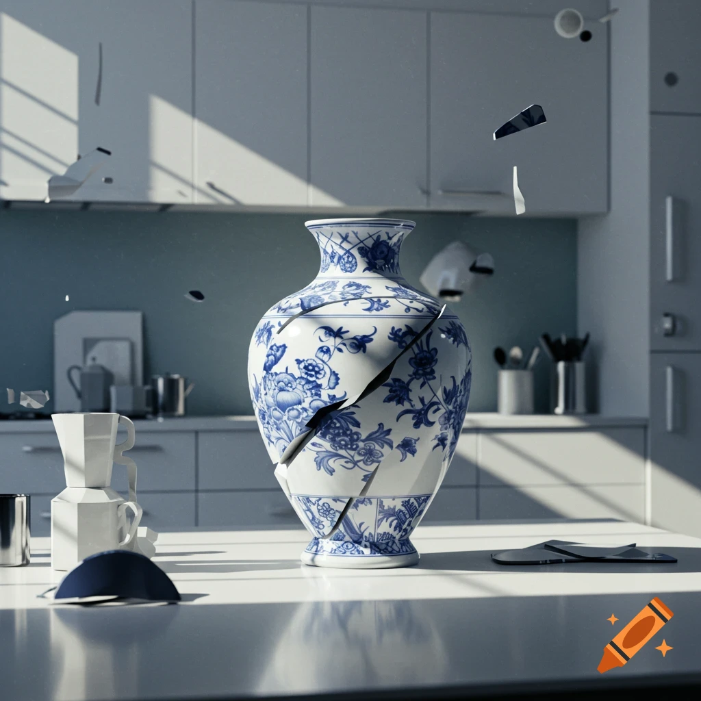 A blue and white vase, shattered with pieces flying, on a white table in a sunlit kitchen, photorealistic style.