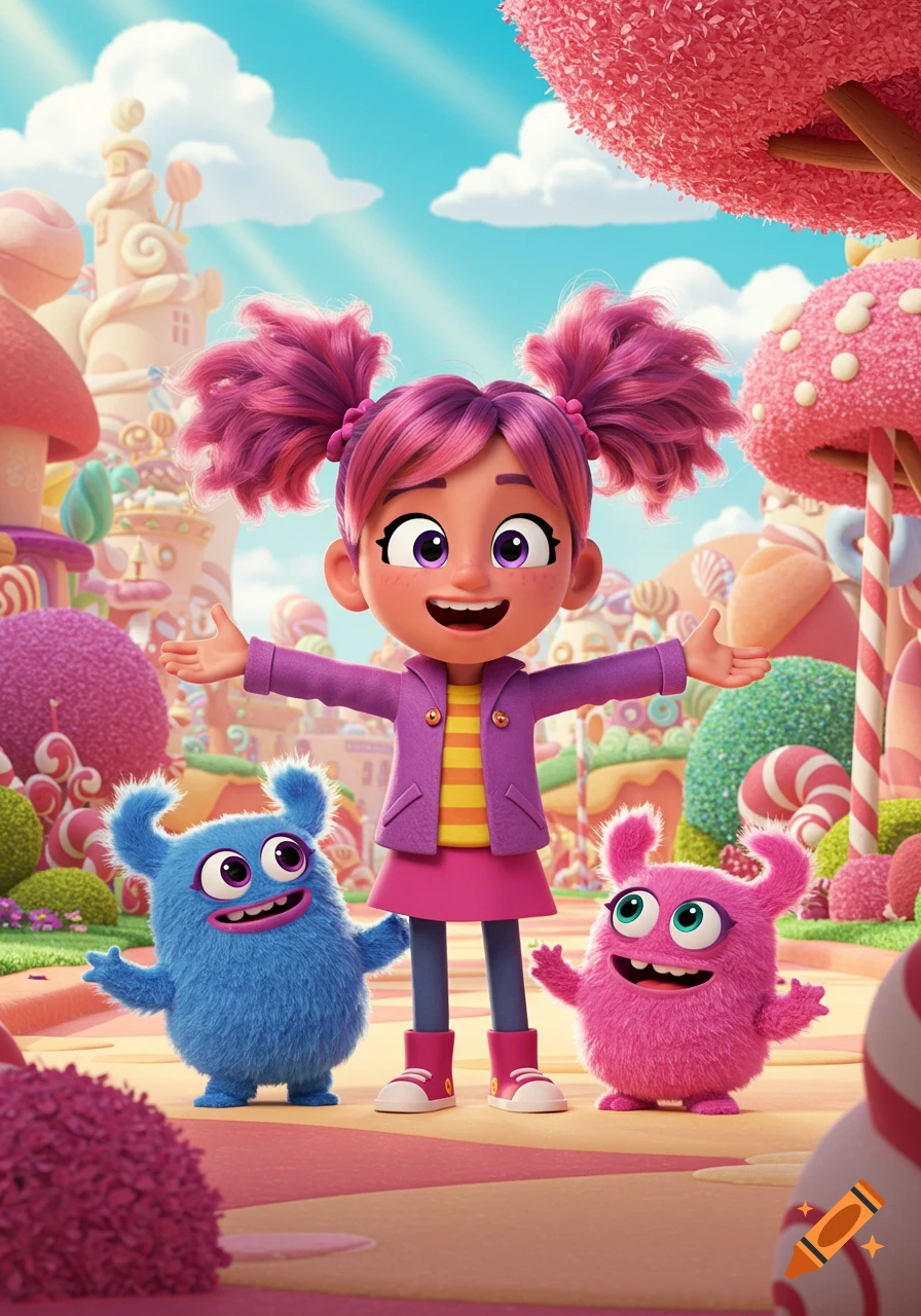A cartoon girl with pink pigtails and two furry monsters smile in a vibrant candy land.
