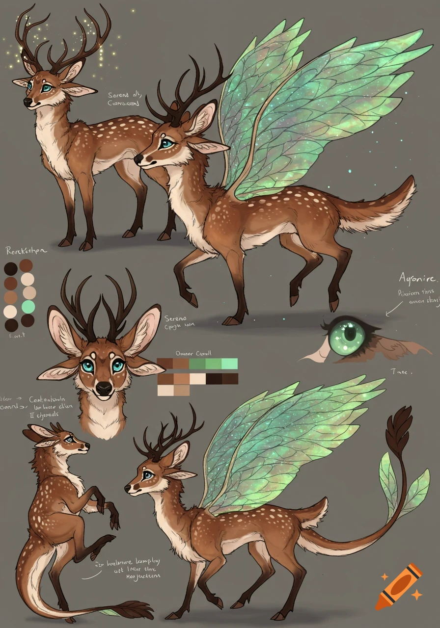 A detailed reference sheet of a fantasy winged deer-like creature, showing multiple poses, close-ups of its head and eye, and color palettes. It has brown fur, white spots, antlers, and translucent green, sparkling wings.