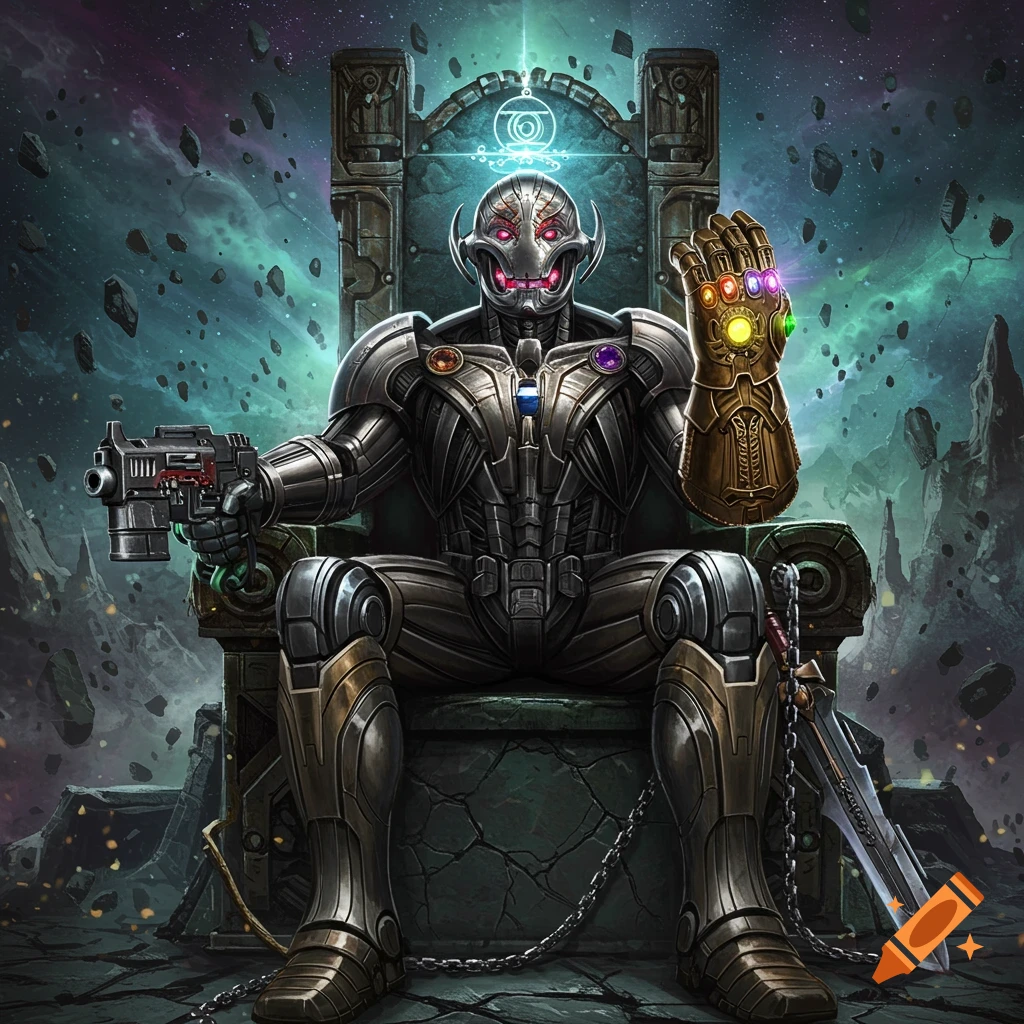 Ultron, a menacing robot, sits on a stone throne holding a futuristic gun and the glowing Infinity Gauntlet in a cosmic landscape.