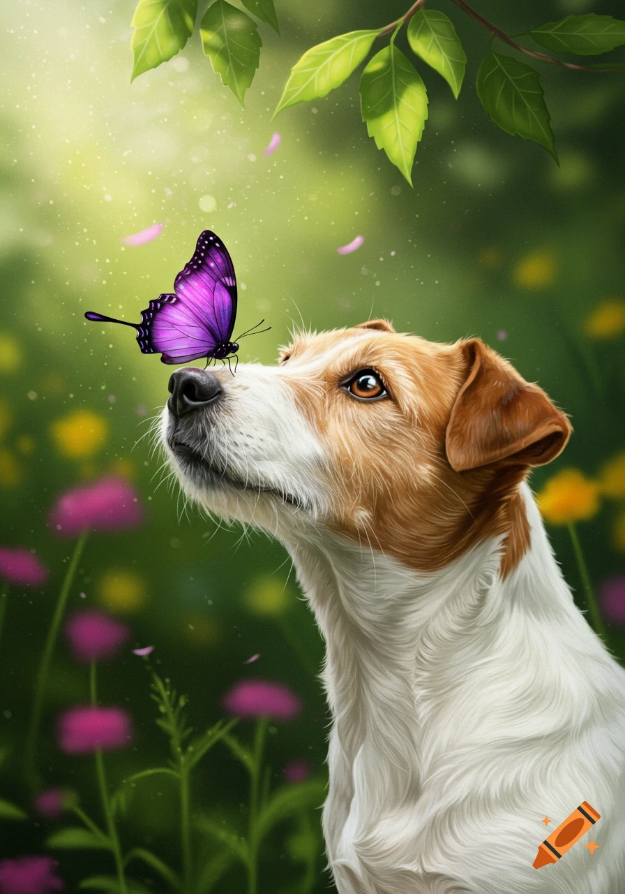 A photorealistic image of a brown and white Jack Russell Terrier with a vibrant purple butterfly on its nose, looking up in a sunny green garden.