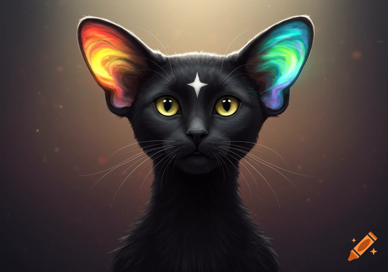 A black cat with a white star on its forehead and rainbow-colored ears, depicted in a realistic digital art style.