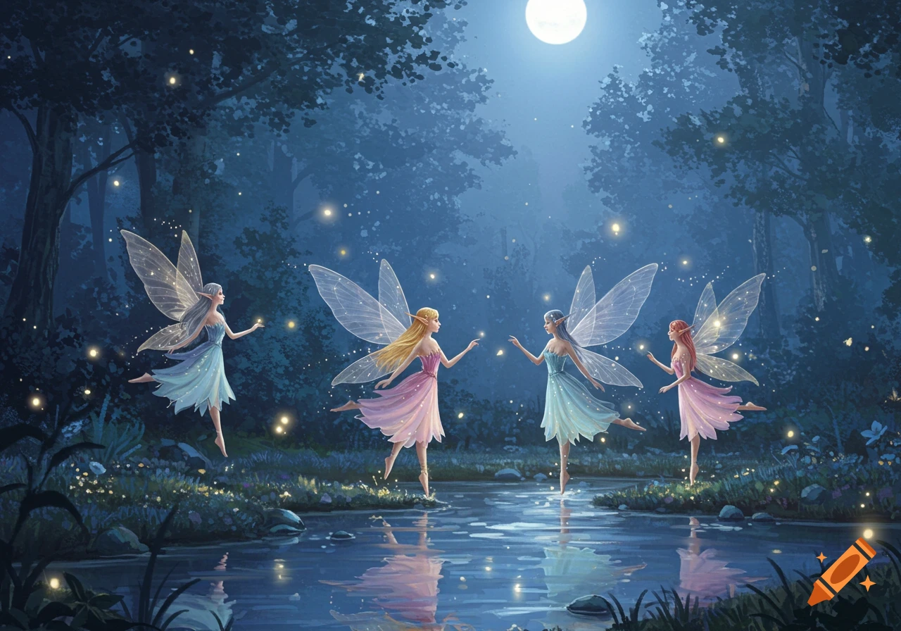 Four ethereal fairies dance with glowing fireflies in a moonlit forest over a reflective pond, in an illustrative fantasy style.