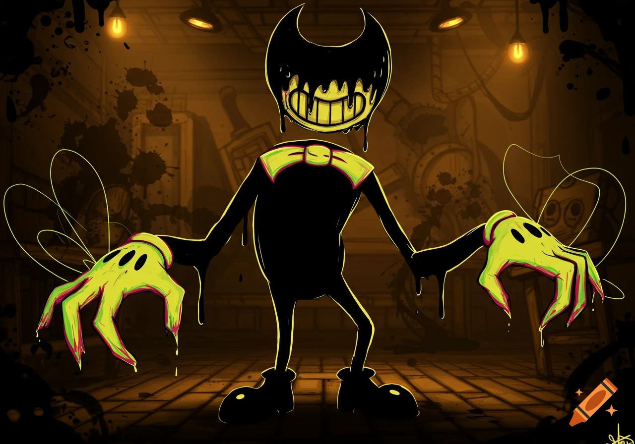 A stylized, ink-dripping monster character with a black body, yellow-green face with a wide grin, and large clawed hands stands in a dark, inky industrial room.