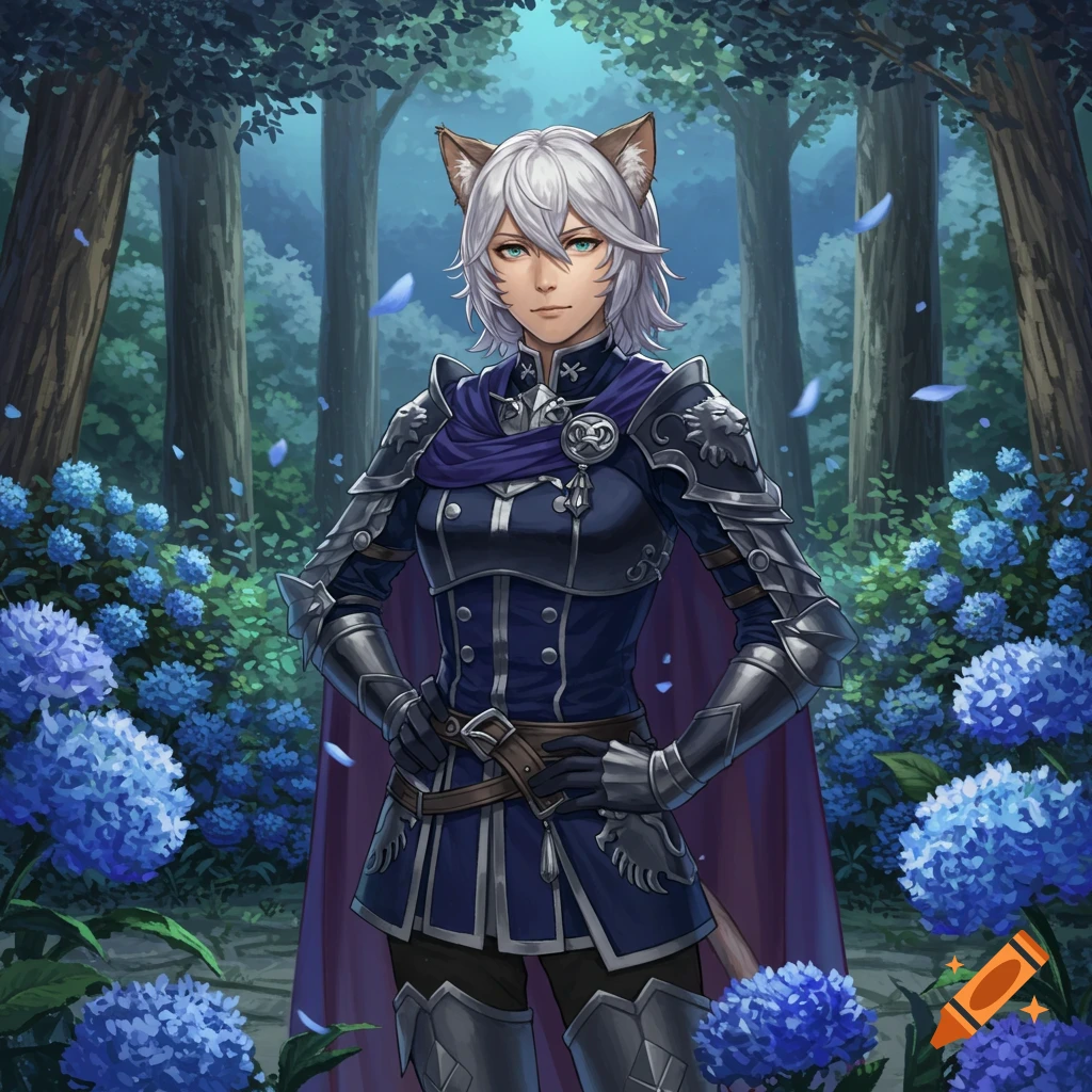 A white-haired cat-eared warrior in navy and silver armor stands amidst blue hydrangeas in a lush fantasy forest.