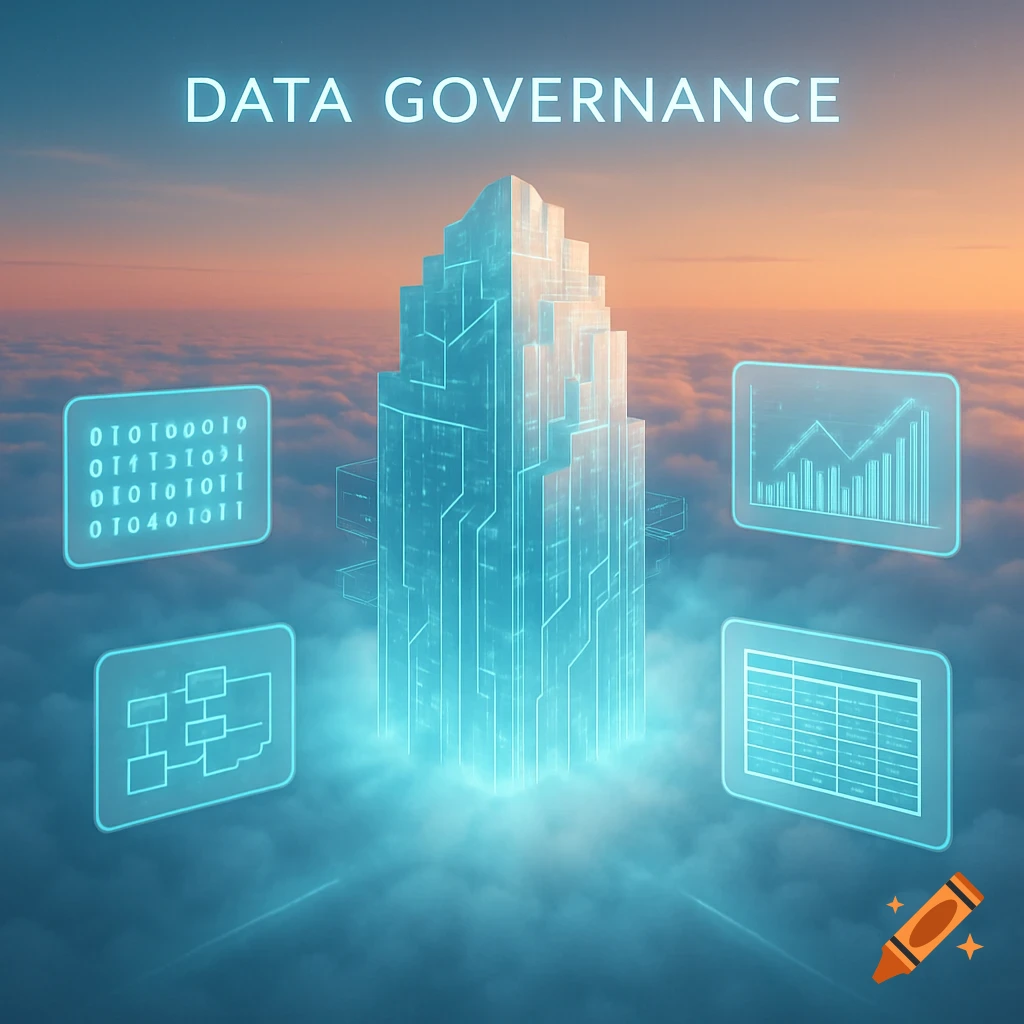 Digital art of a glowing data skyscraper above clouds with screens showing data visualizations and 'DATA GOVERNANCE' text.