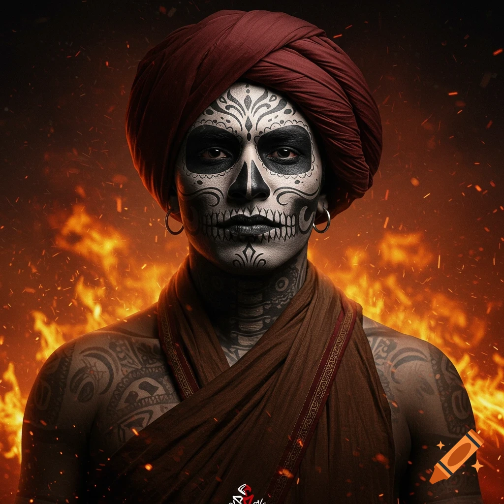 A South Asian man with intricate black and white skull face paint wears a red turban and brown robes, set against a fiery background.