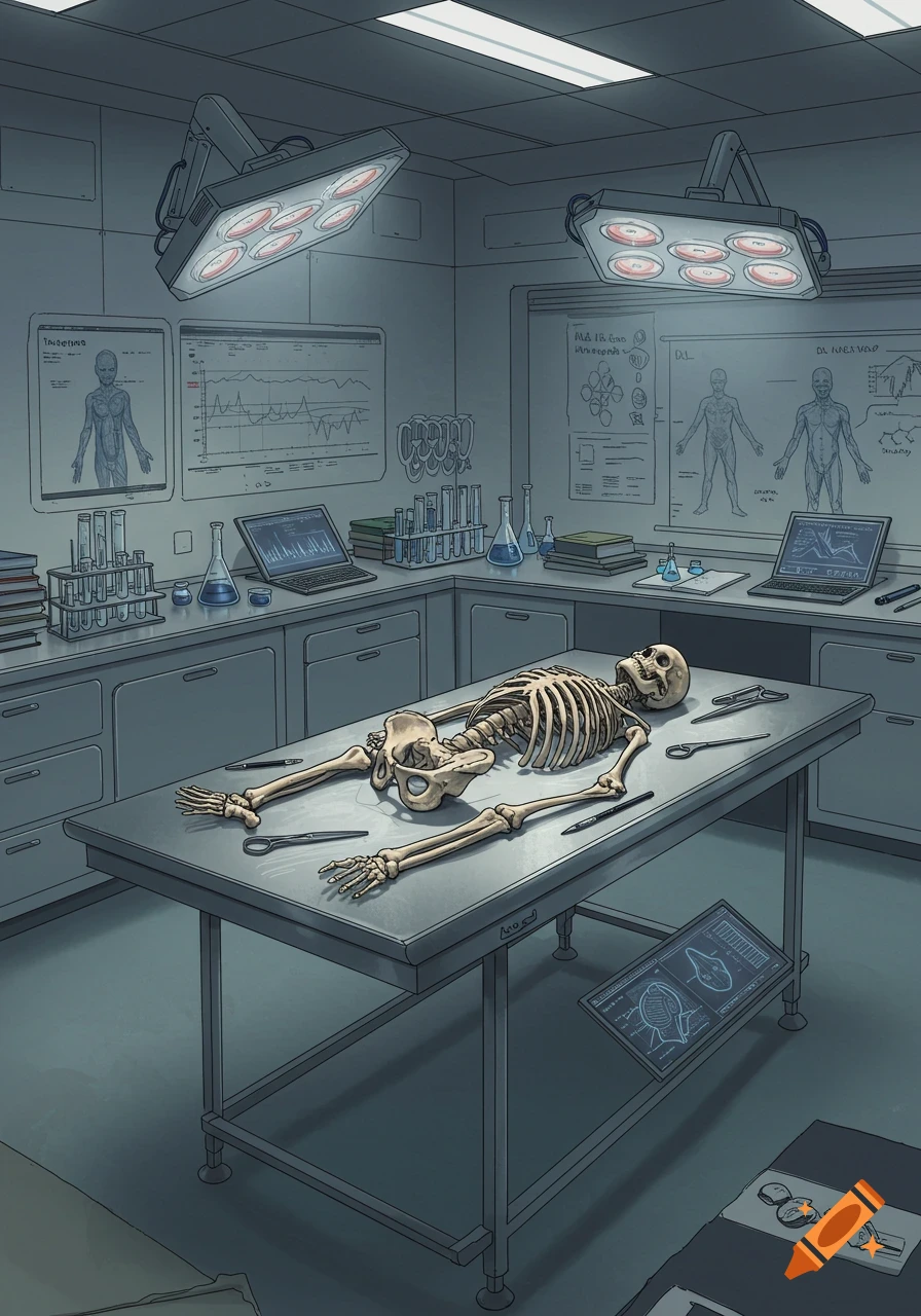 Illustration of a skeleton on an examination table in a forensic lab, with scientific equipment, laptops, and diagrams.