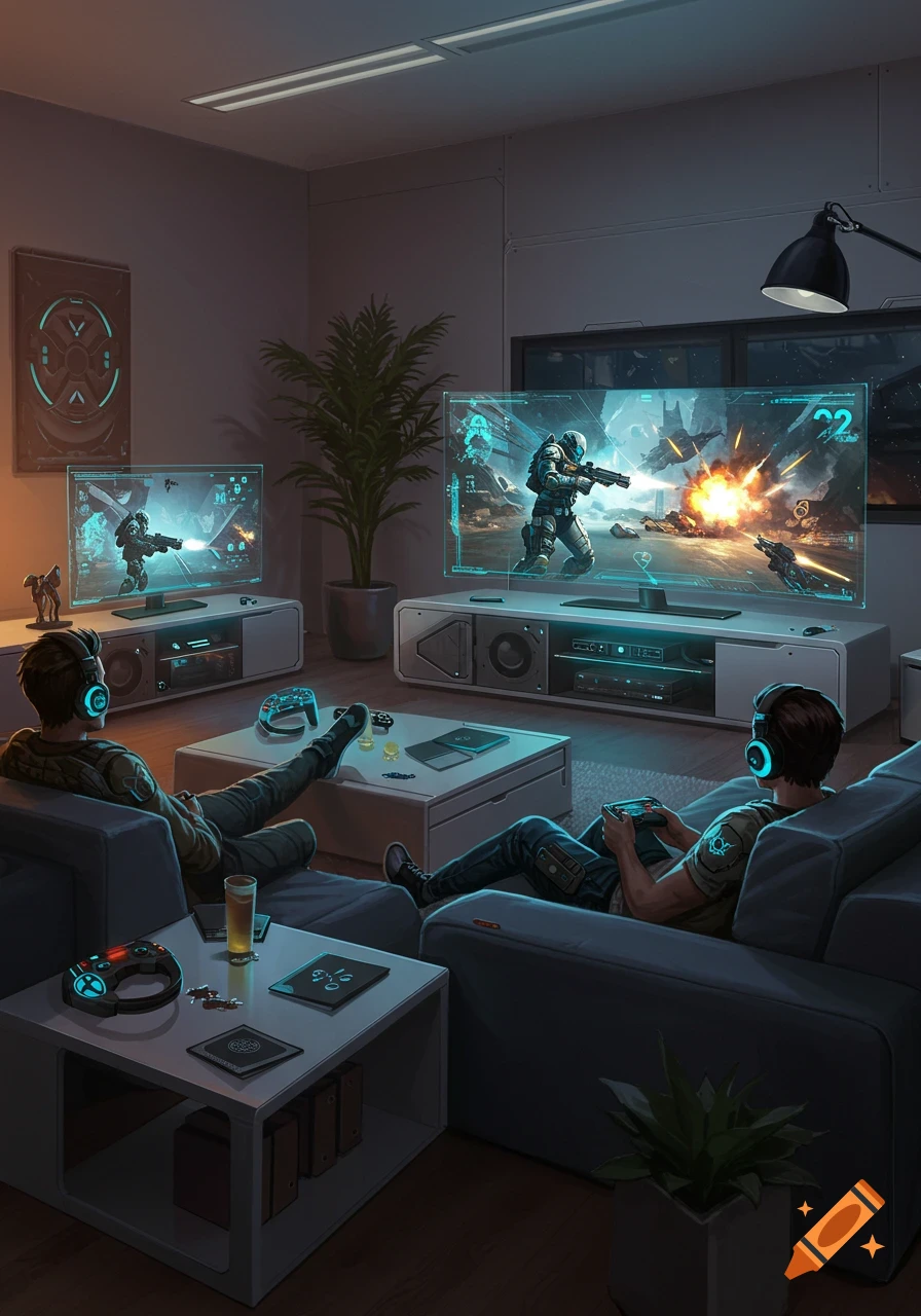 Two men play a futuristic sci-fi video game in a dimly lit living room, sitting on couches with glowing headsets.