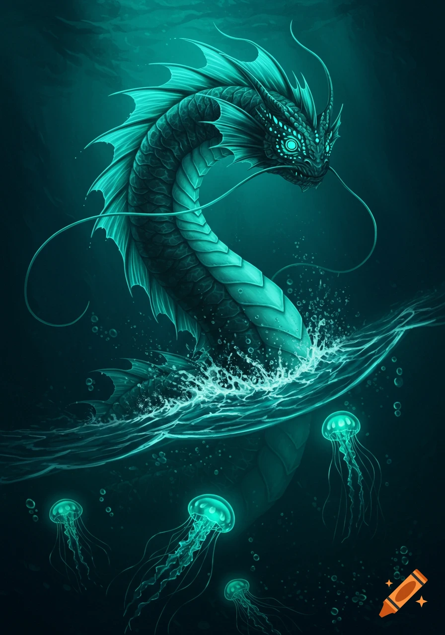 A majestic teal sea dragon with glowing eyes and fins emerges from dark water, surrounded by bioluminescent jellyfish.