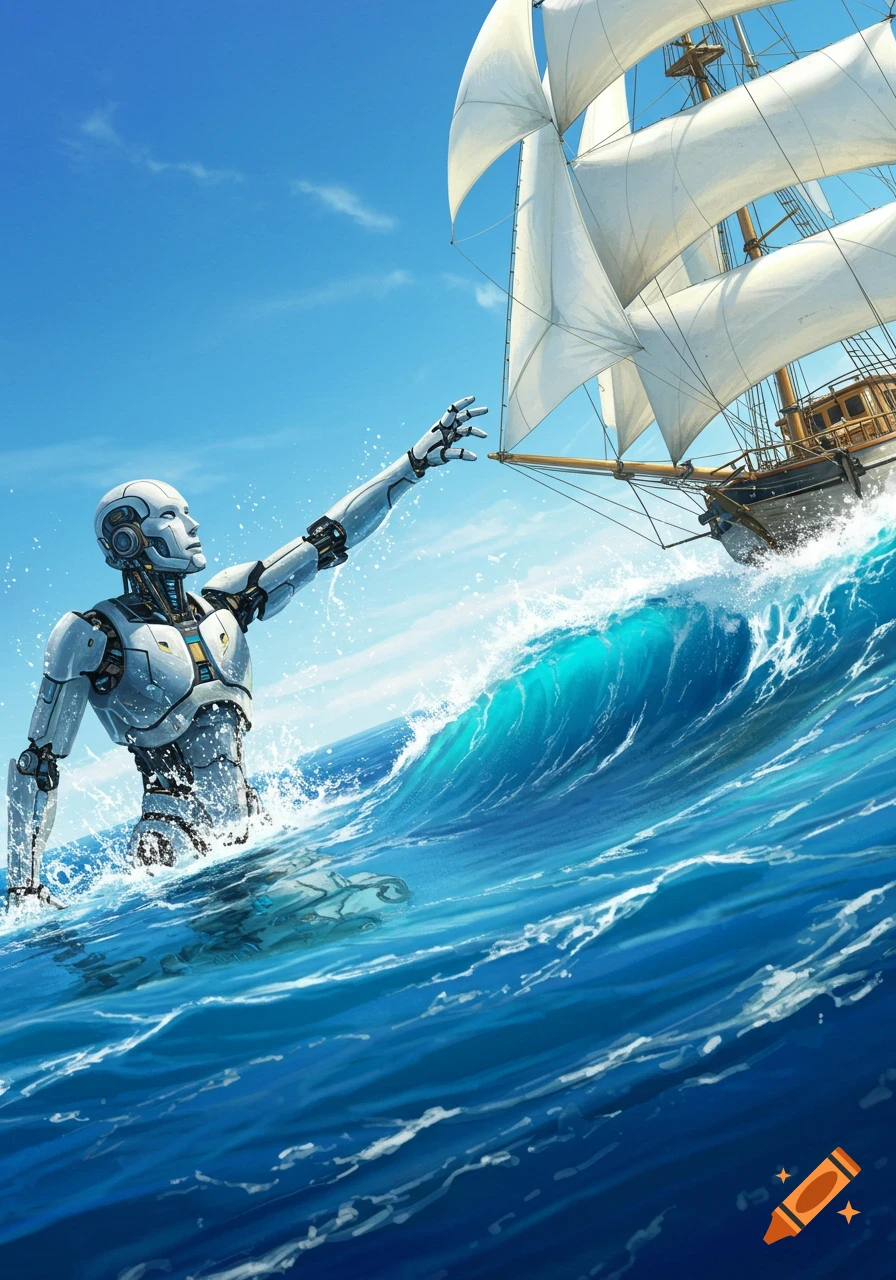 A humanoid robot emerges from a large ocean wave, reaching out towards a sailing ship under a clear blue sky. Digital illustration.