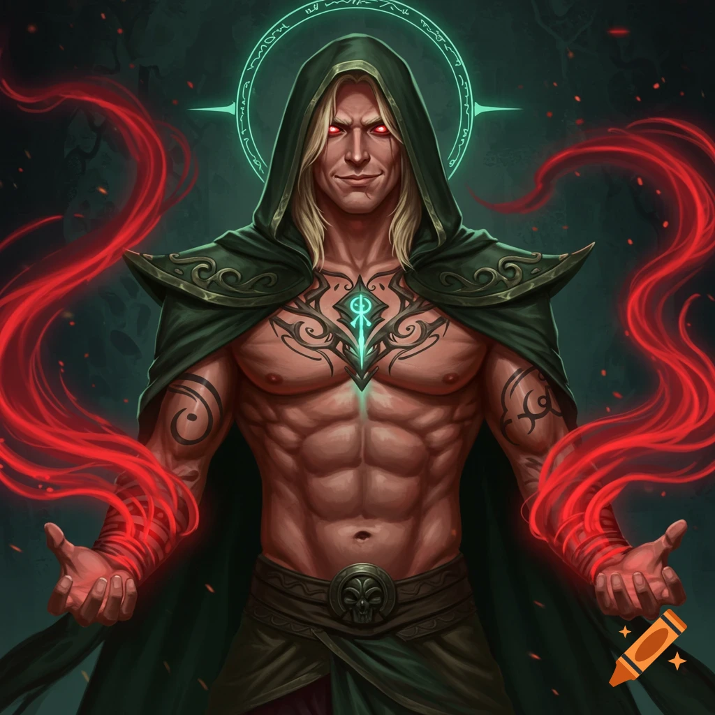 A muscular man with blond hair, glowing red eyes, and a green hooded cloak. Red energy emanates from his hands, and occult tattoos adorn his chest.