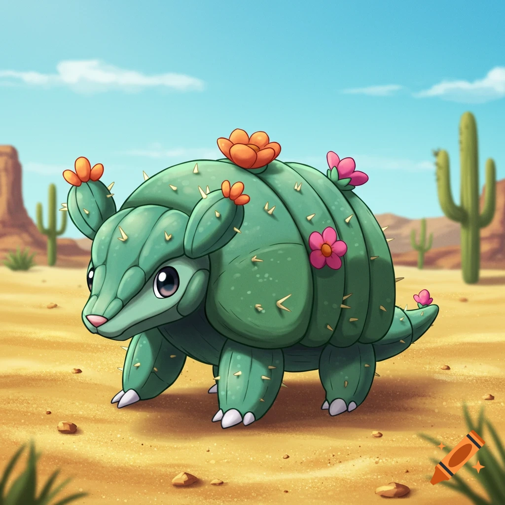 A cute cartoon cactus armadillo creature with flowers on its back stands in a sandy desert with saguaro cacti.
