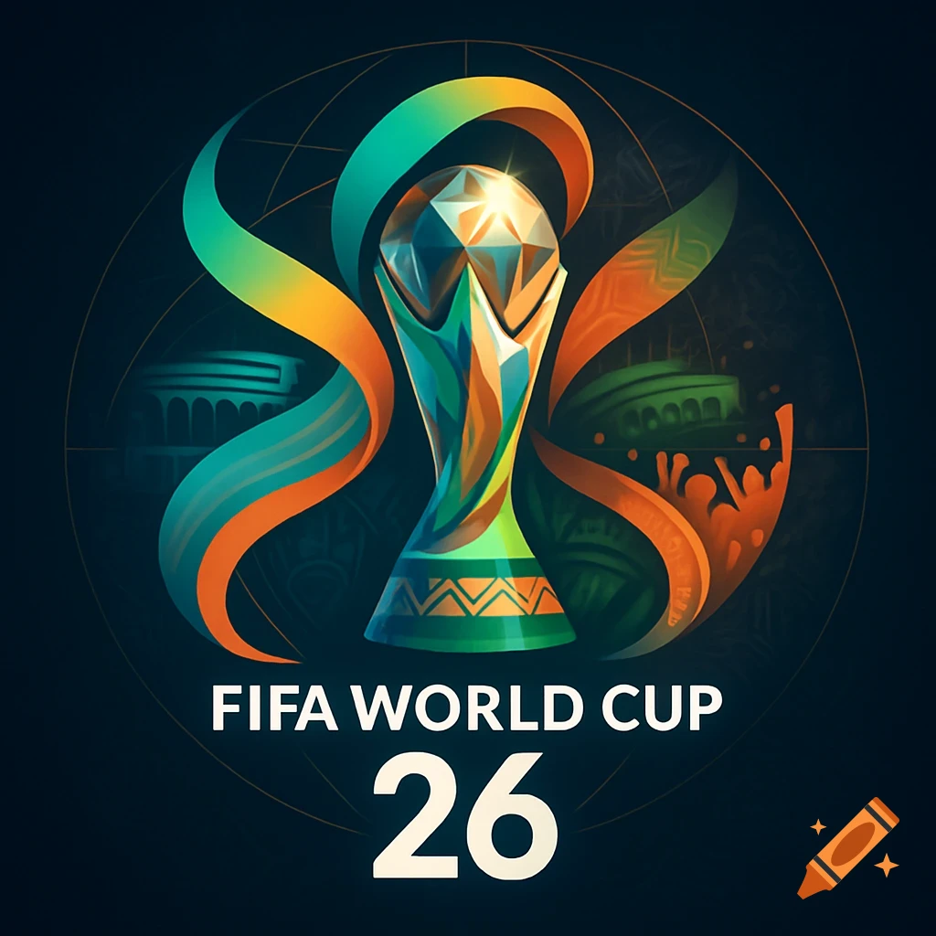 Stylized logo for FIFA World Cup 26 featuring a trophy, colorful ribbons, and the event name.