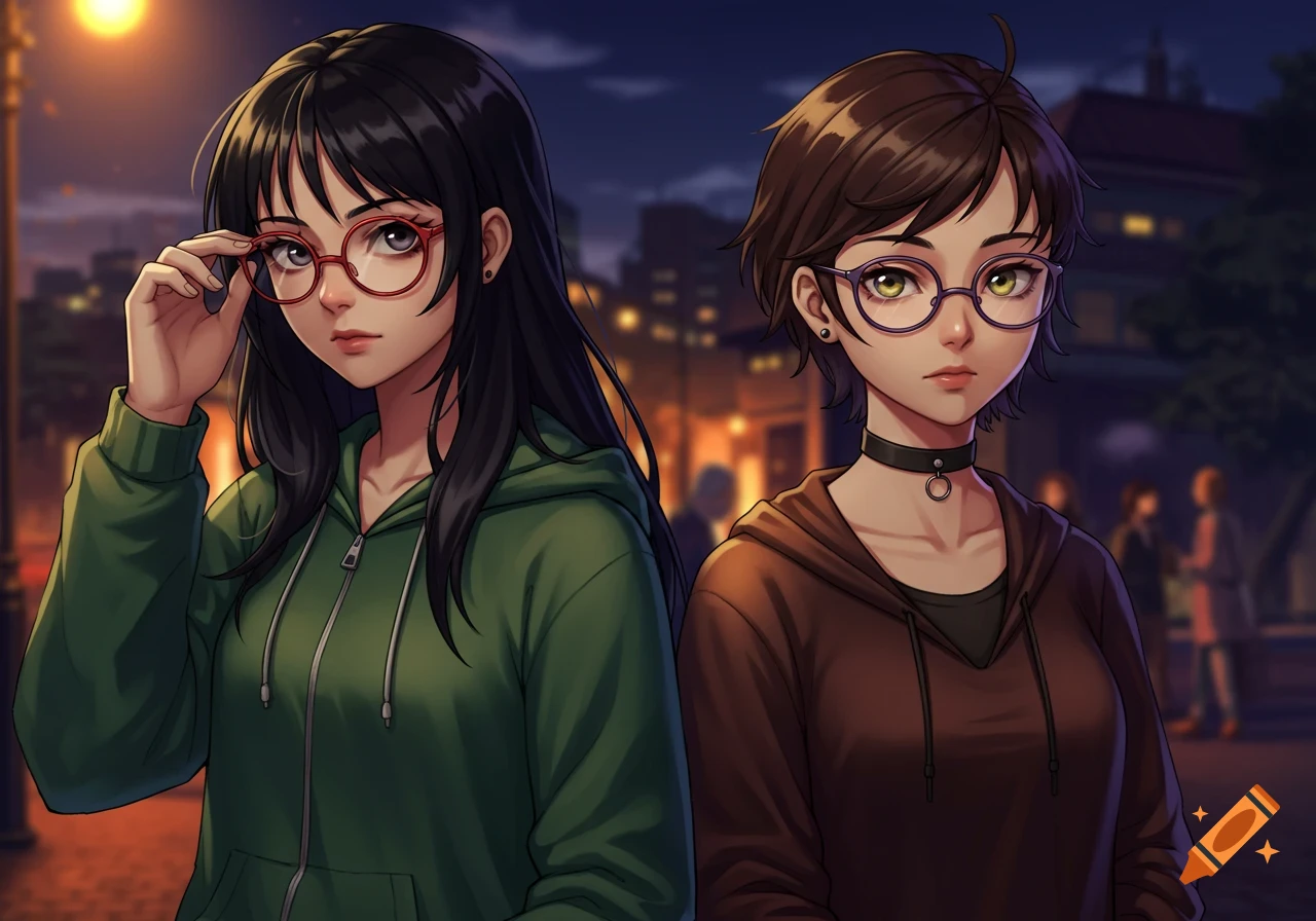 Two anime girls, one with long black hair and red glasses, the other with short brown hair and purple glasses, stand outdoors at night.