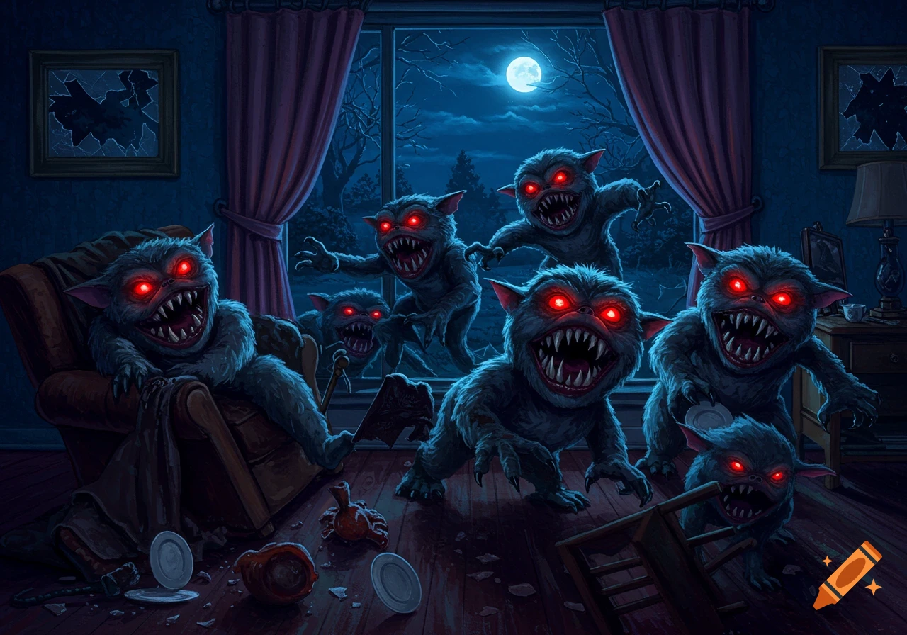 Multiple furry, sharp-toothed monsters with glowing red eyes invade a dark room at night, causing destruction, with a full moon visible outside.