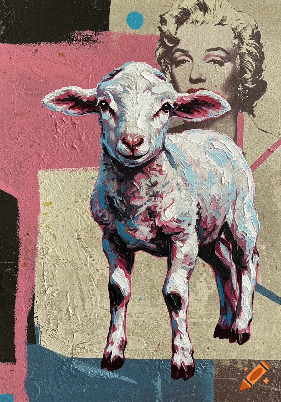 A vibrant pop art painting of a lamb with Marilyn Monroe's face in the background amidst colorful, textured layers.
