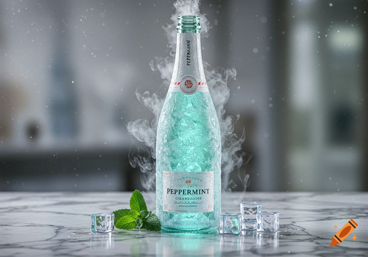 A frosted bottle of peppermint champagne with ice cubes and mint leaves on a marble counter, with steam rising.