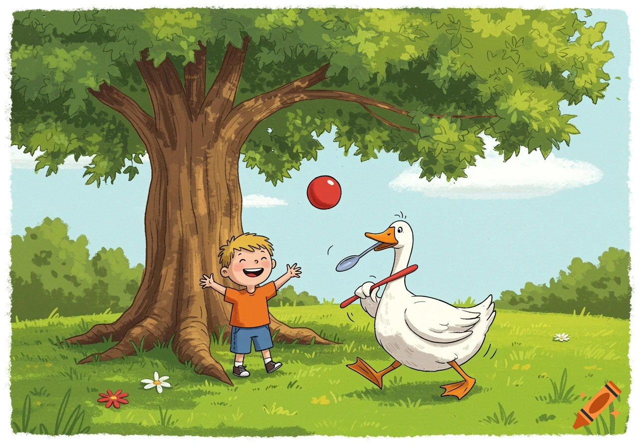A happy child with open arms and a goose holding a spoon and stick play with a red ball under a large tree.