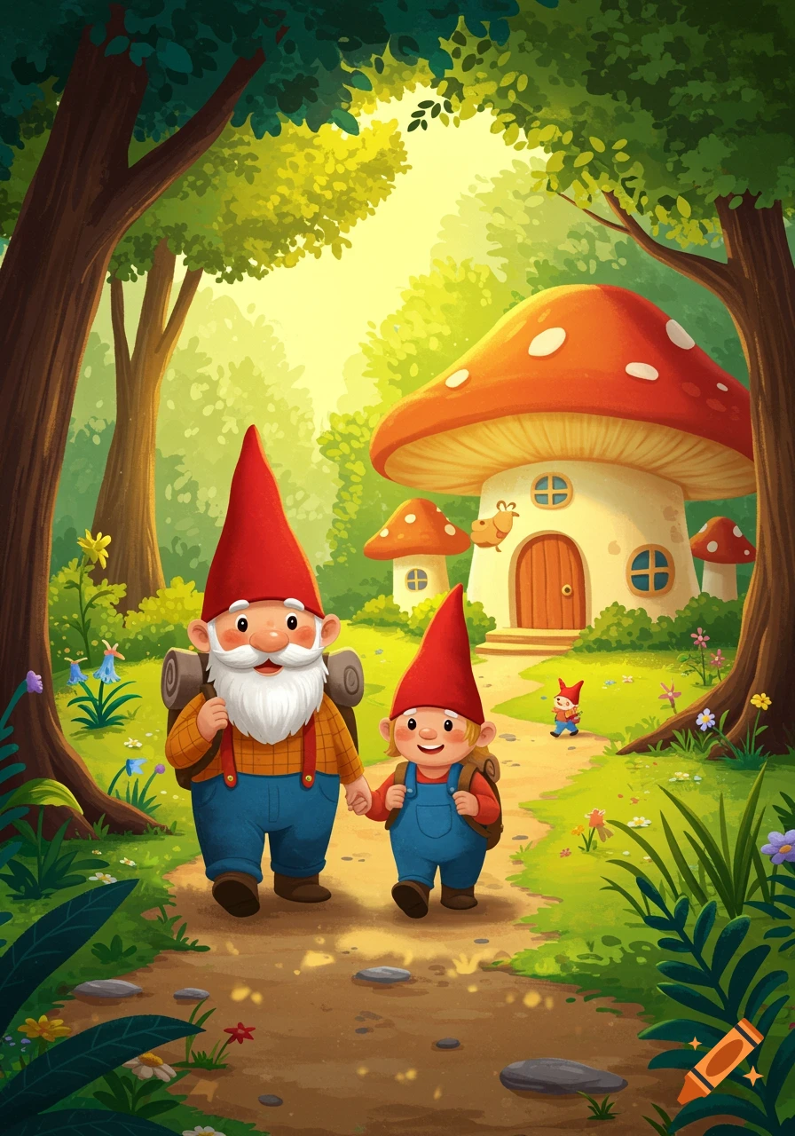 Whimsical cartoon of an adult gnome and child gnome with red hats, walking hand-in-hand on a forest path towards a mushroom house.