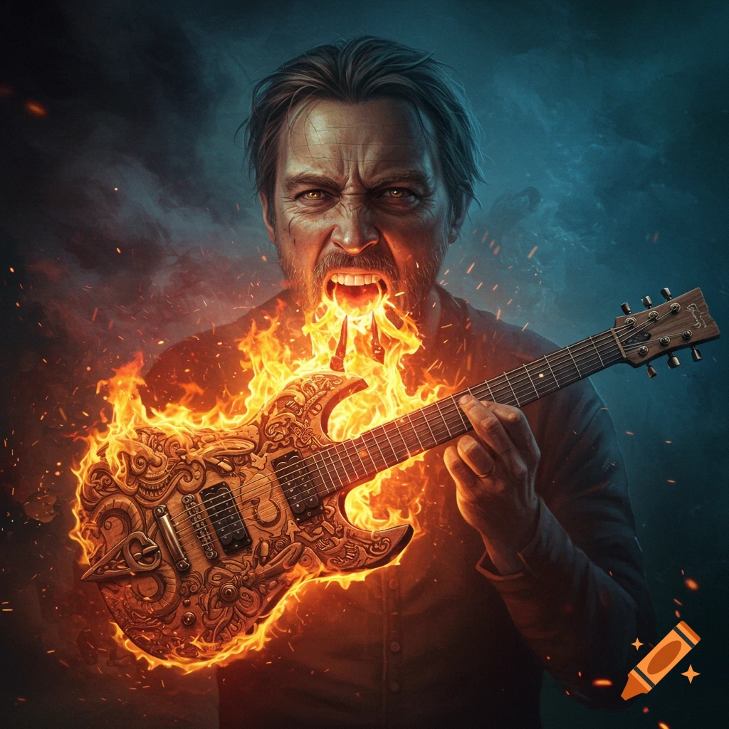 An intense man with fire coming from his mouth holds a guitar engulfed in flames, set against a dark, smoky background.