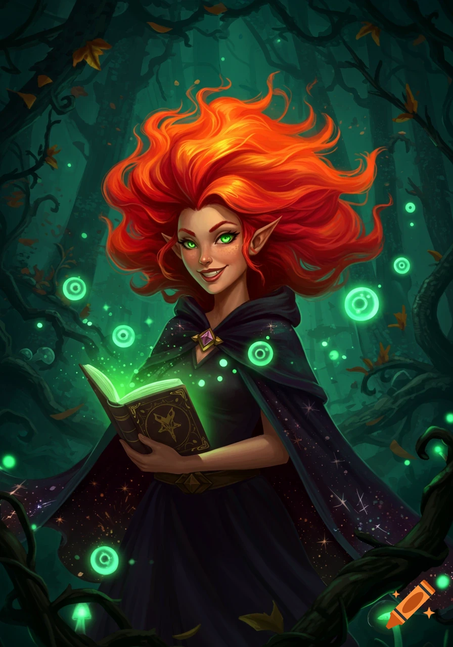 A mischievous red-haired witch with glowing green eyes in a dark forest, holding a magical book and surrounded by green light orbs.