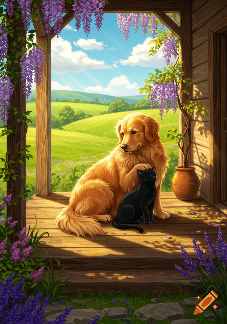 Vibrant illustration of a golden retriever petting a black cat on a wisteria-covered porch with green hills and blue sky.
