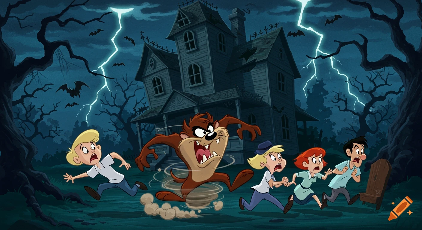 Taz the Tasmanian Devil chases frightened children away from a spooky haunted house under a stormy, lightning-filled night sky in a cartoon style.