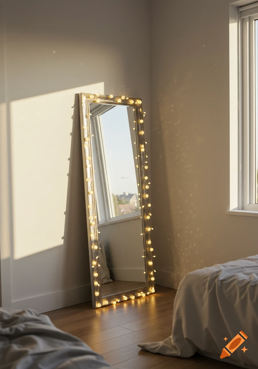 A floor-length mirror adorned with fairy lights stands in a sunlit bedroom with wooden floors and white walls, reflecting an outdoor view.